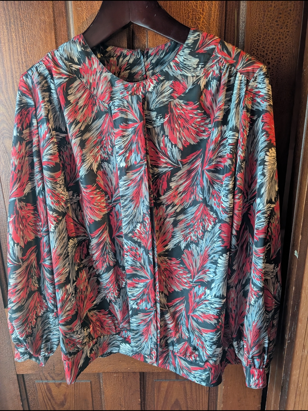Vintage 70s "Lykettes" Red Gray Falling Leafs "Tie" Accent Blouse L Women's